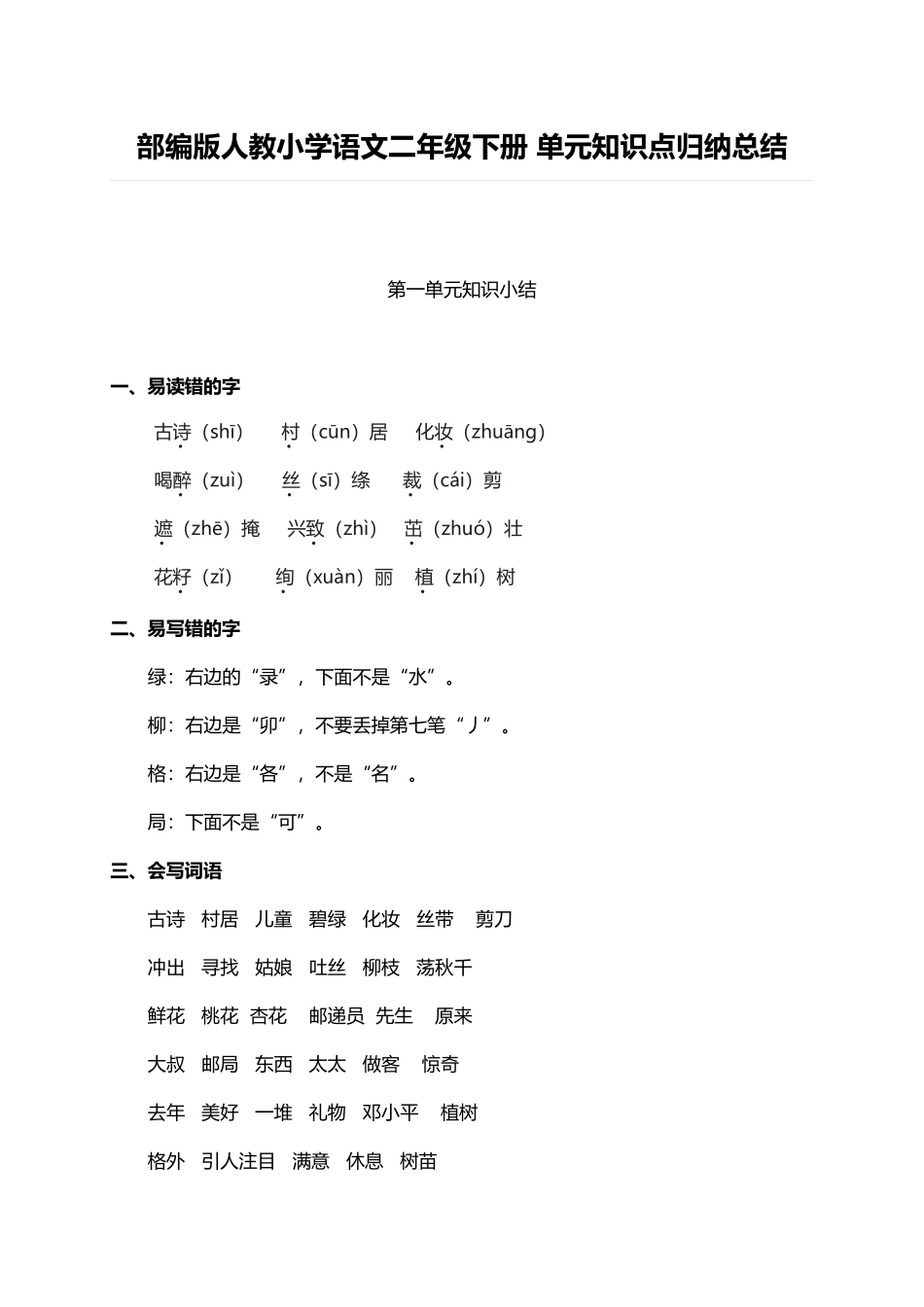 人教小学语文2下 单元知识点归纳总结（27页）.doc_第1页