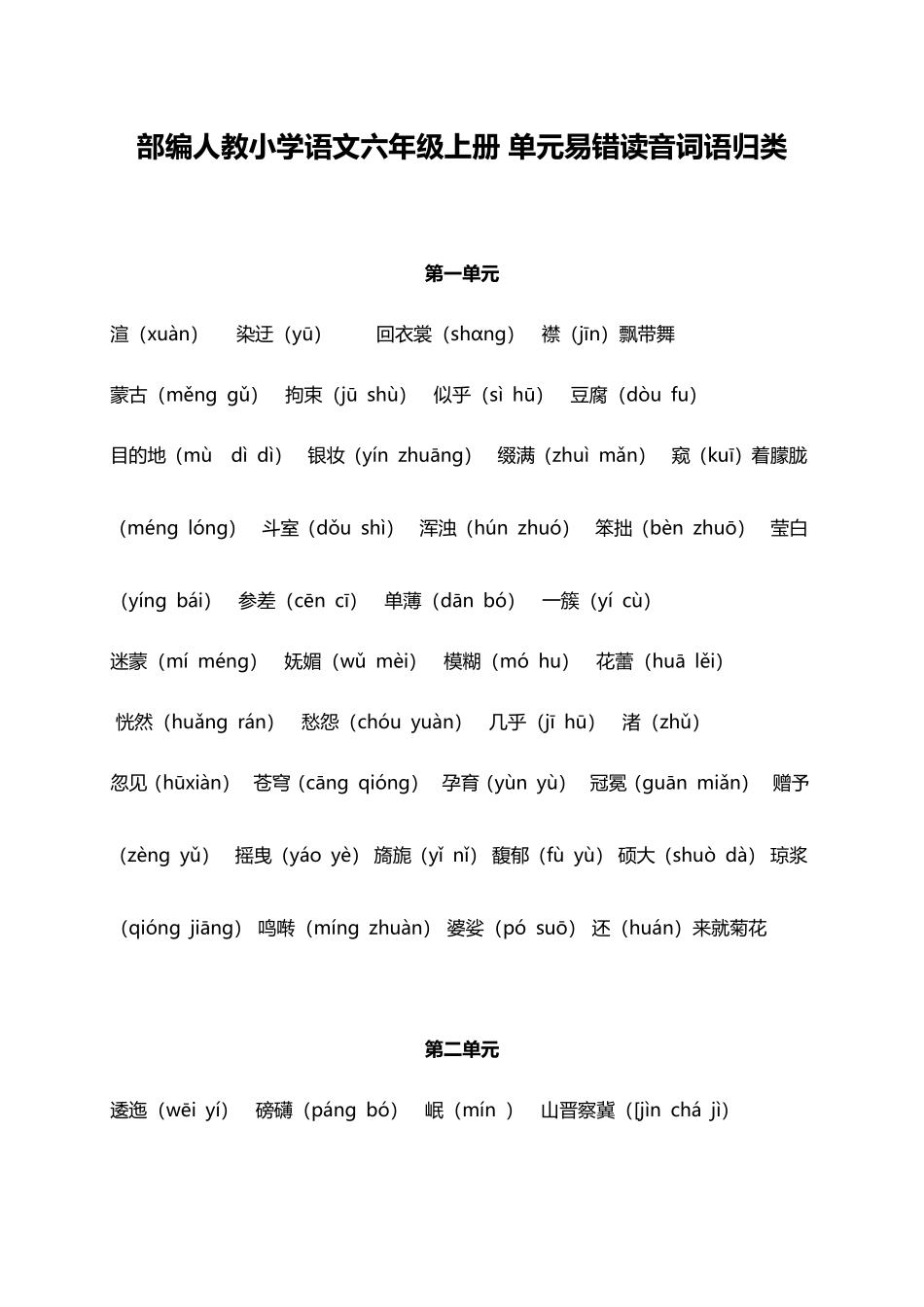 人教小学语文6上 单元易错读音词语归类（5页）.doc_第1页