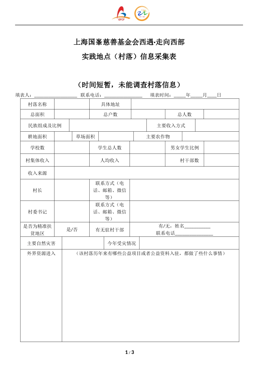 上海国峯慈善基金会 西遇·走向西部 实践地点（村落）信息采集表.docx_第1页