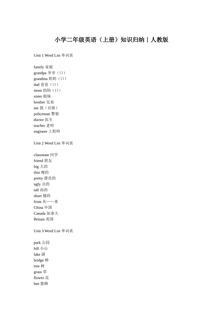 小学二年级英语（上册）知识归纳｜人教版(1).doc_第1页