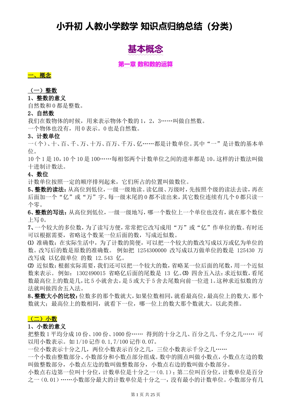 小升初 人教小学数学 知识点归纳总结（分类25页）.doc_第1页