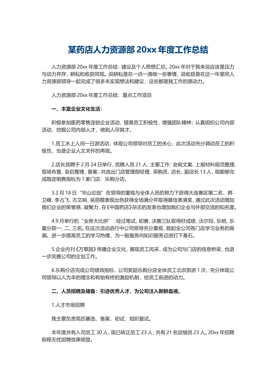 某药店人力资源部20xx年度工作总结 .doc_第1页