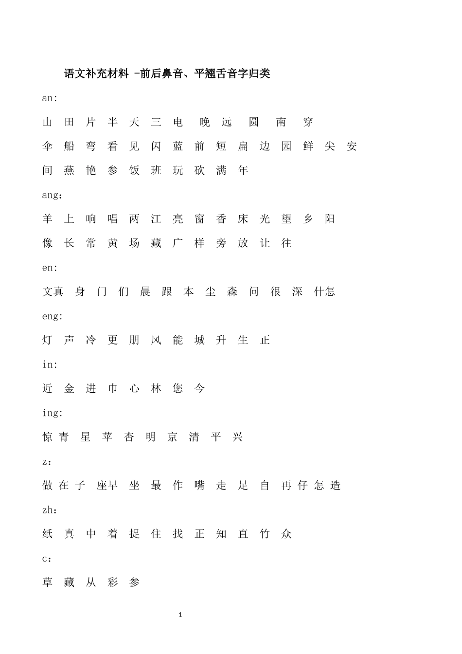 语文补充材料-前后鼻音、平翘舌音字归类.docx_第1页