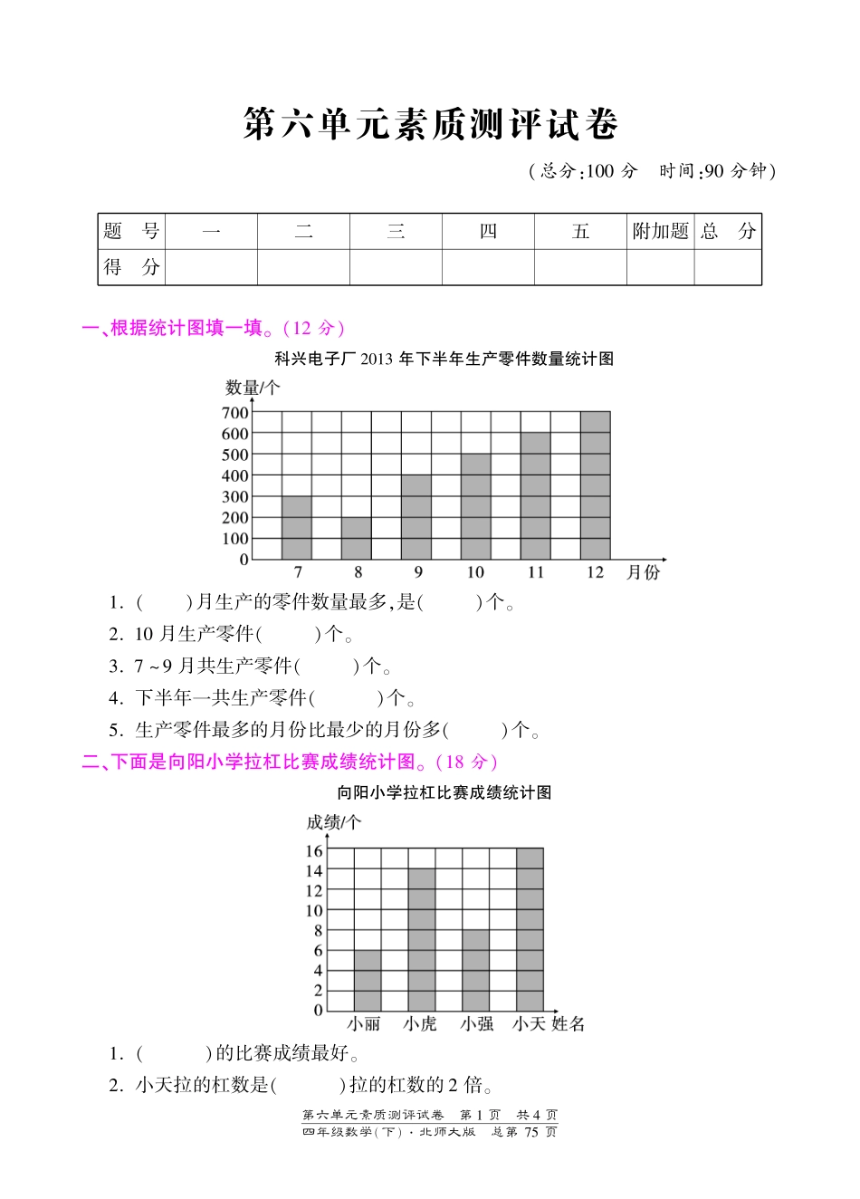 四年级下册数学单元测试-第六单元-北师大版（PDF版）（喜子的商铺）.pdf_第1页