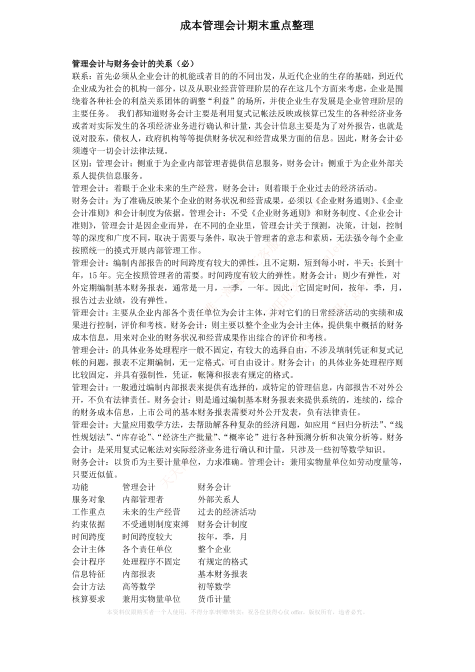 移动笔试知识点之--（财务类）成本管理会计期末重点整理.pdf_第1页