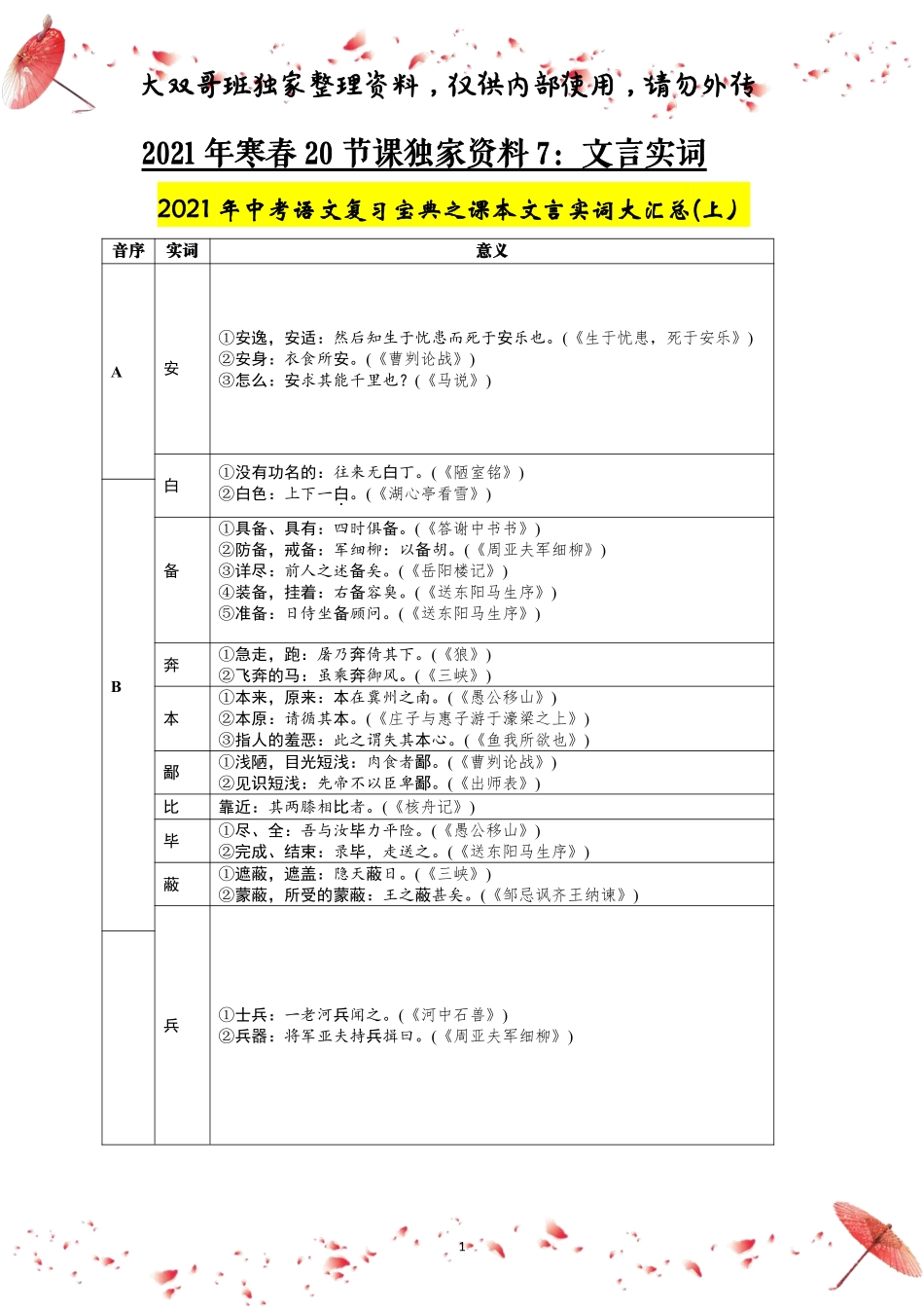 【7】初三寒春20节独家资料——课本文言实词大汇总（上）(1).pdf_第1页