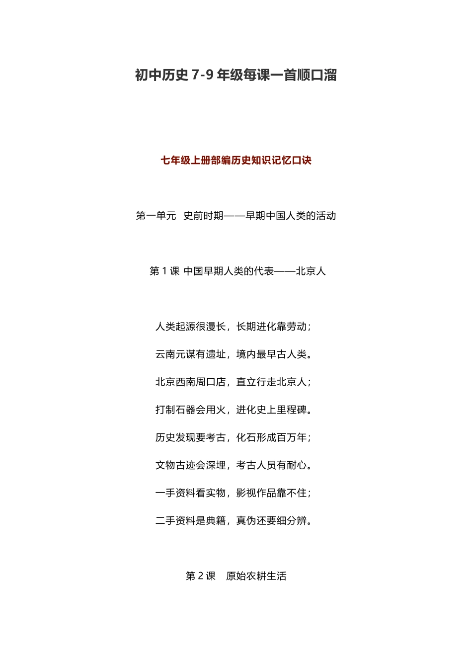 初中历史全年级每课重点知识记忆口诀.docx_第1页