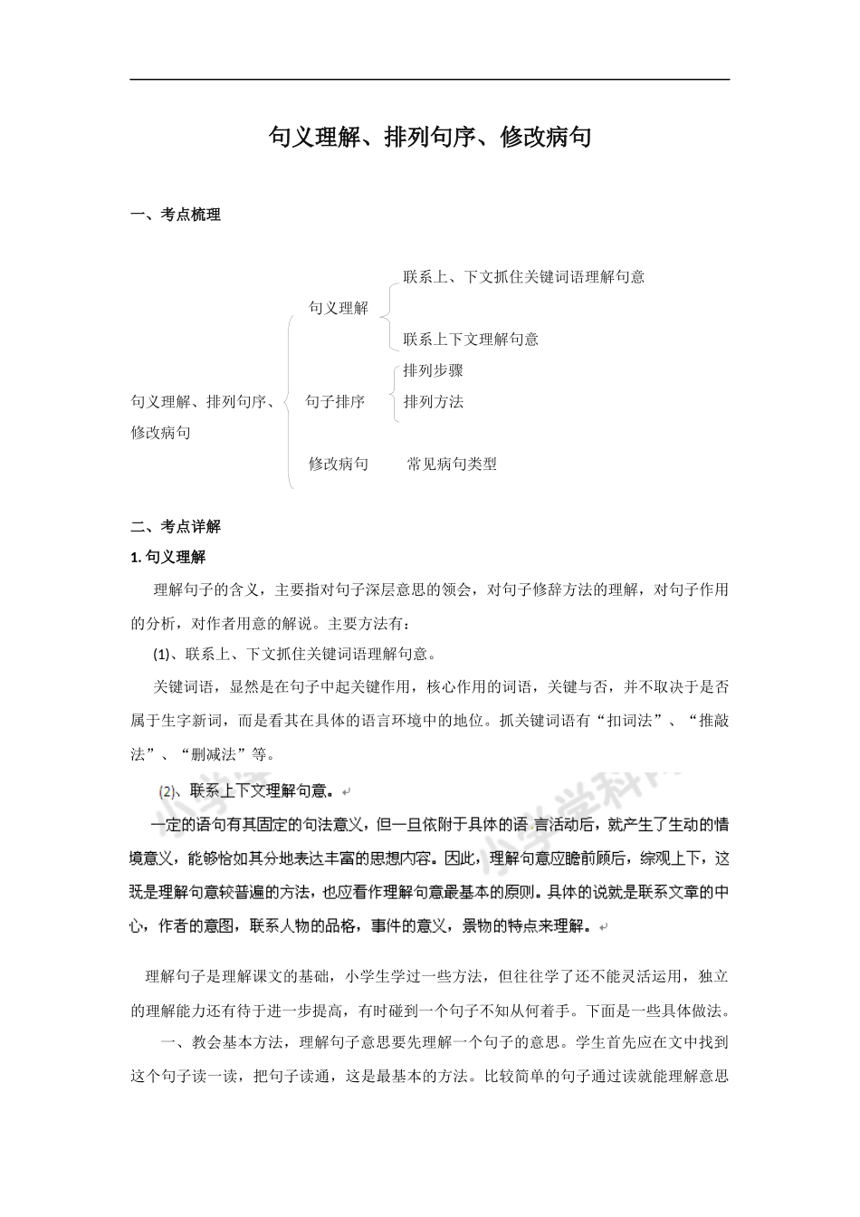 小升初语文知识点讲解及训练----句义理解、排列句序、修改病句.docx_第1页