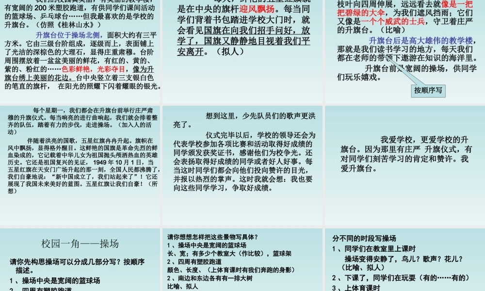 四年级下册第一单元作文指导(校园一角)（猪猪喜羊羊）.ppt