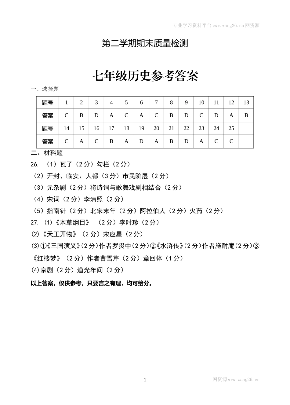 七年级历史上学期期末测试参考答案 .doc_第1页