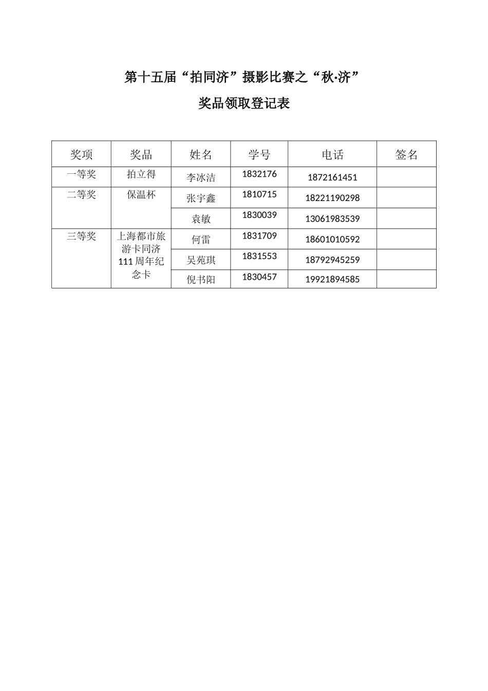 第十五届“拍同济”摄影比赛奖品领取登记表.docx_第1页