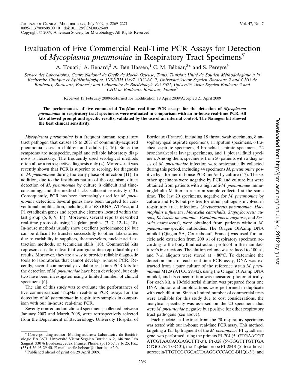 Real-Time PCR Assays for Detection of Mycoplasma pneumoniae(1).pdf_第1页