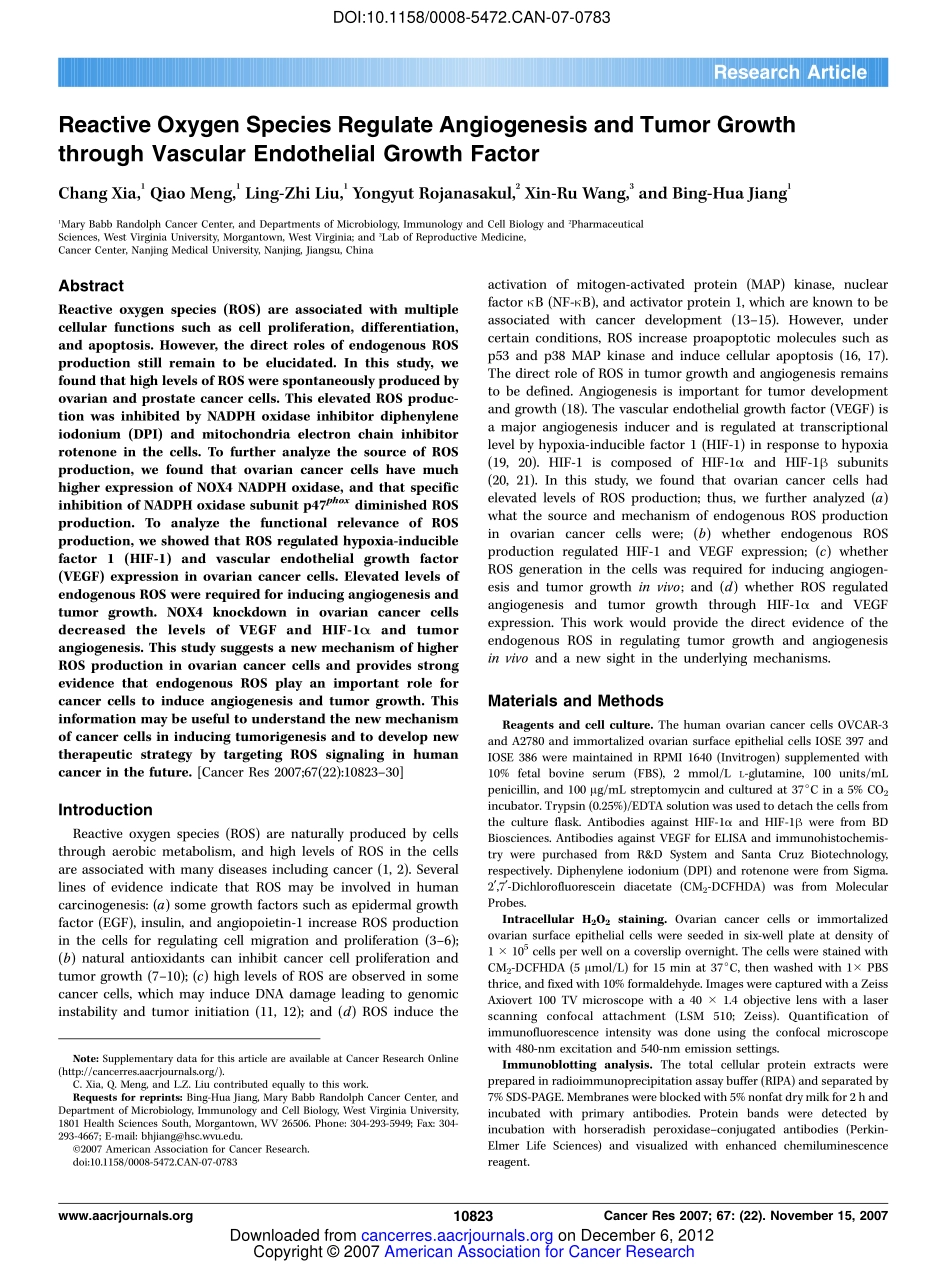 Reactive oxygen species regulate angiogenesis and tumor growth through vascular endothelial growth factor.pdf_第1页