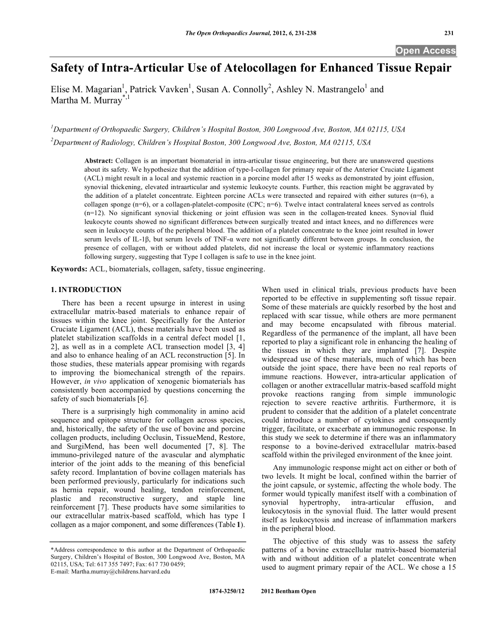 Safety of Intra-Articular Use of Atelocollagen for Enhanced Tissue Repair.pdf_第1页