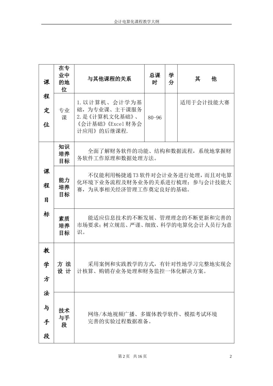 《会计电算化应用教程》（畅捷通T3版）教学大纲.doc_第2页