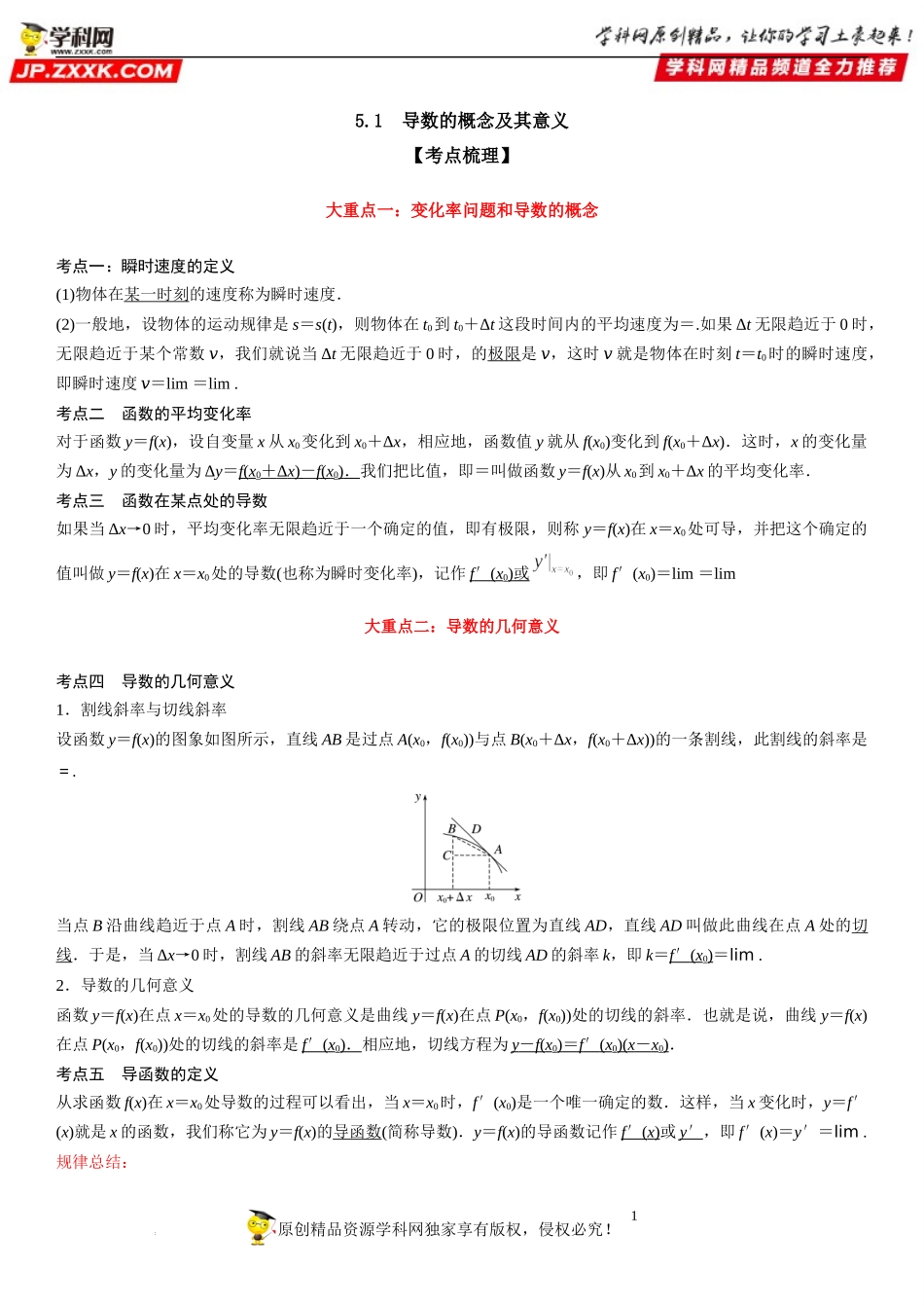5.1 导数的概念及其意义-2022-2023学年高二数学《考点•题型 •技巧》精讲与精练高分突破系列（人教A版2019选择性必修第二册）.docx_第1页