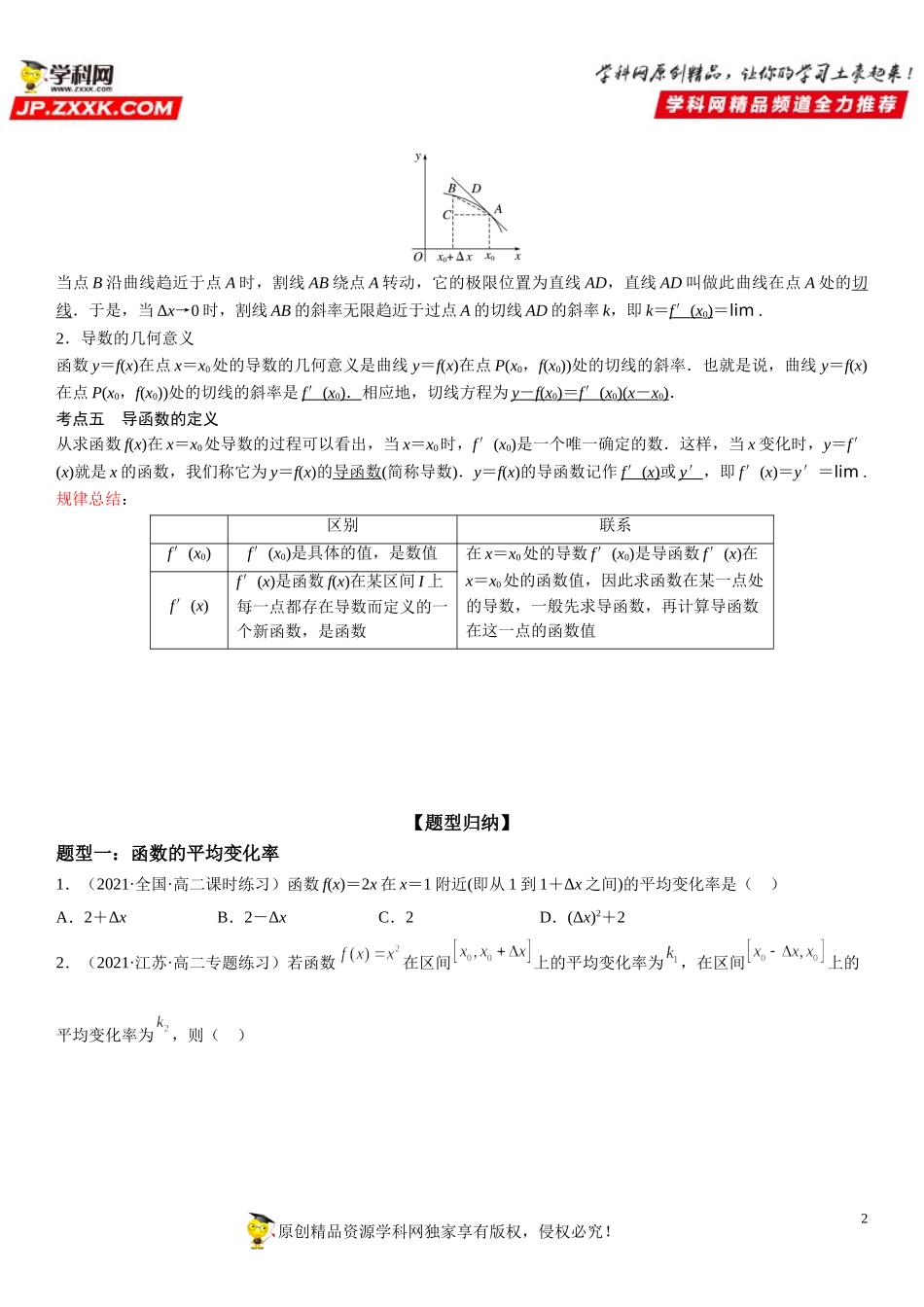 5.1 导数的概念及其意义-2021-2022学年高二数学《考点•题型 •技巧》精讲与精练高分突破（人教A版2019选择性必修第二册）.doc_第2页