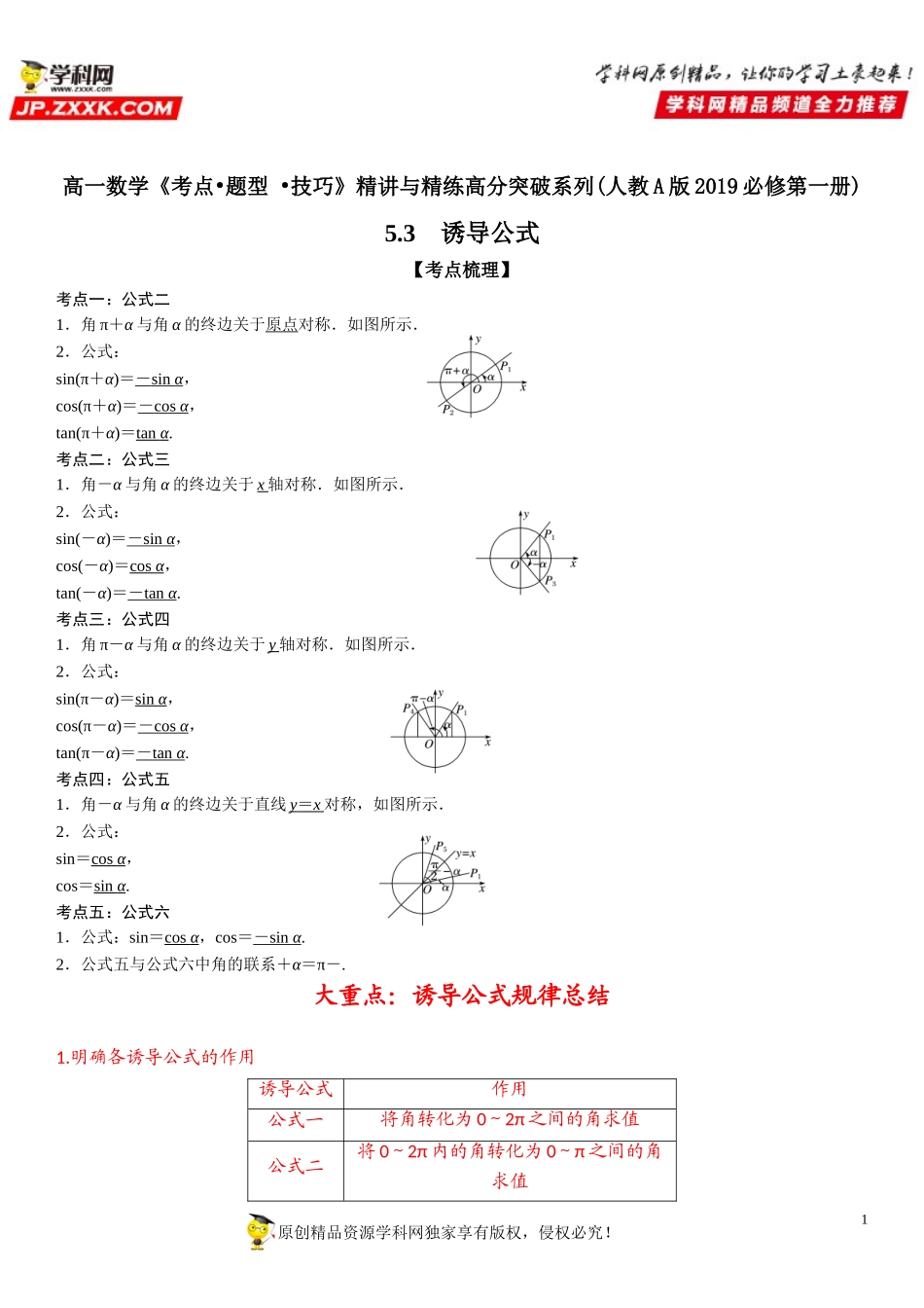 5.3 诱导公式-2021-2022学年高一数学《考点•题型 •技巧》精讲与精练高分突破（人教A版2019必修第一册）.doc_第1页