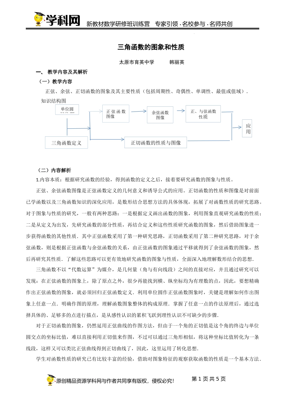 5.4 三角函数的图象与性质单元教学设计（韩丽英）-高中数学新教材必修第一册小单元教学+专家指导（视频+教案）.docx_第1页
