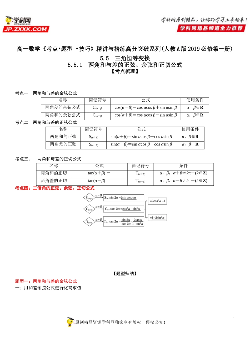 5.5.1 两角和与差的正弦、余弦和正切公式-2021-2022学年高一数学《考点•题型 •技巧》精讲与精练高分突破（人教A版2019必修第一册）.doc_第1页