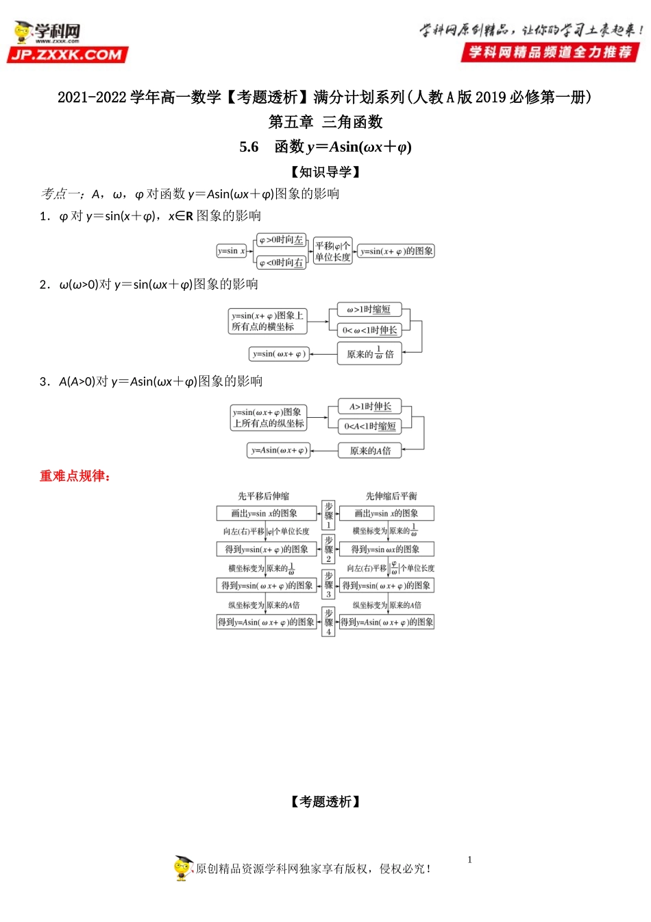 5.6 函数y＝Asin(ωx＋φ)(透课堂）-2021-2022学年高一数学【考题透析】满分计划系列（人教A版2019必修第一册）.doc_第1页