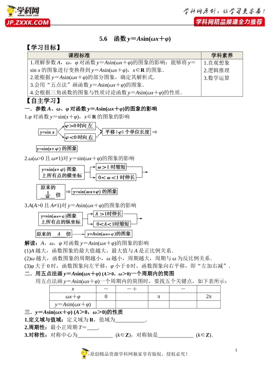 5.6 函数y＝Asin(ωx＋φ)（学案）-2022-2023学年高一数学精品同步课堂（人教A版2019必修第一册）.docx_第1页