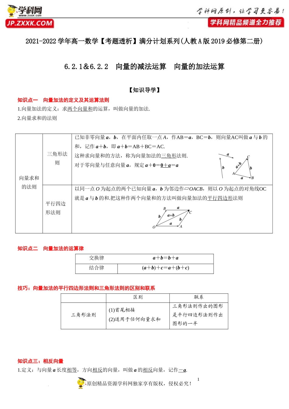 6.2.1-6.2.2 向量的减法运算 向量的加法运算(透课堂)-2021-2022学年高一数学【考题透析】满分计划系列（人教A版2019必修第二册）.docx_第1页