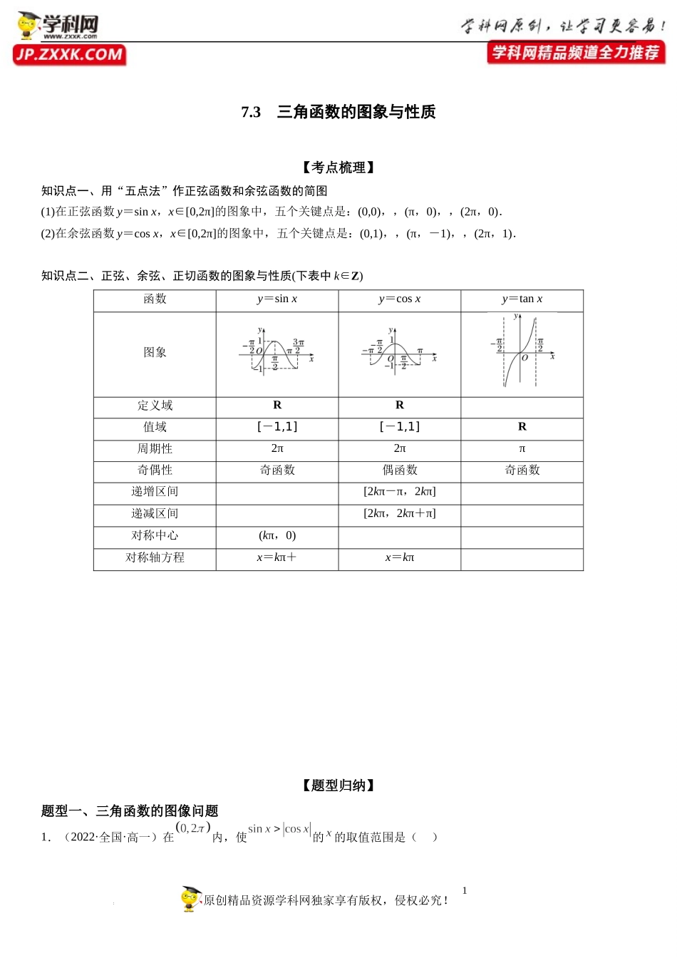 7.3 三角函数的图象与性质-2022-2023学年高一数学《考点•题型•技巧》精讲与精练高分突破系列（苏教版2019必修第一册）.docx_第1页