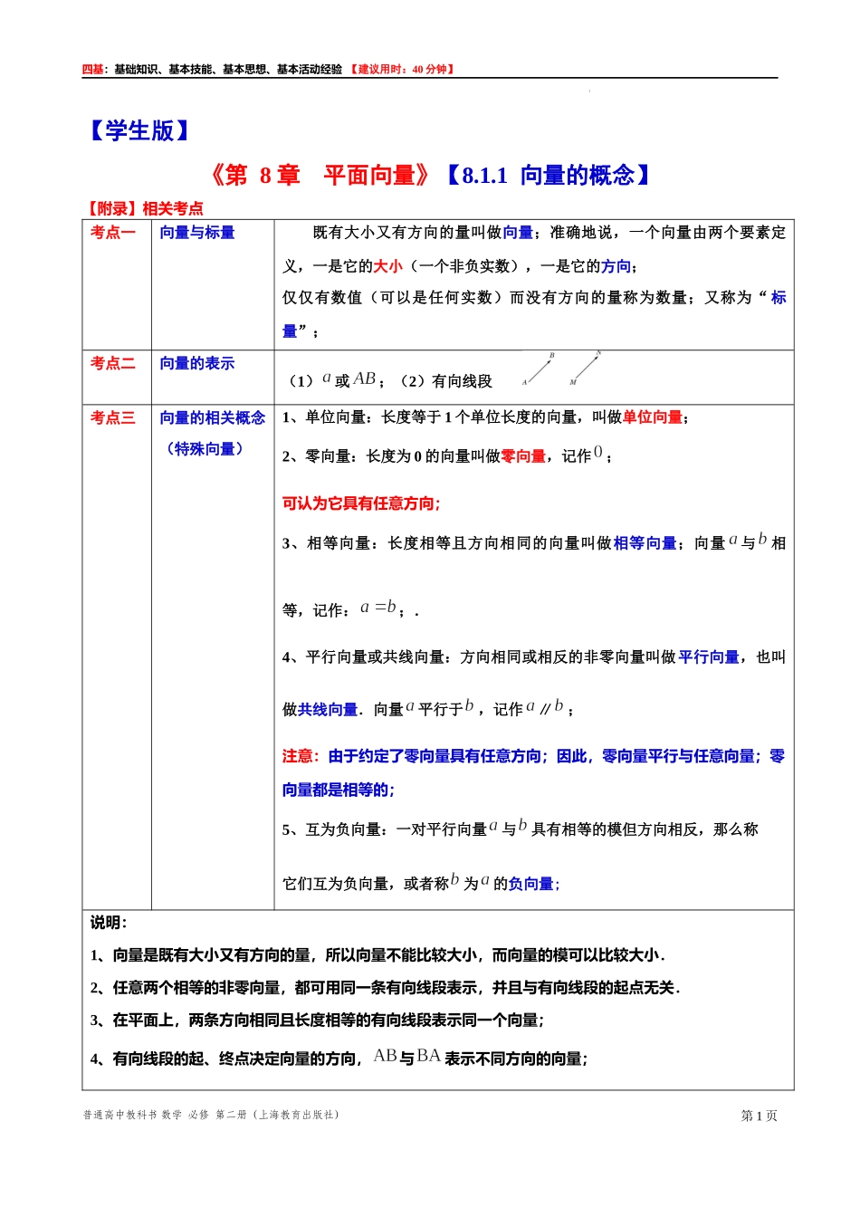 8.1.1 向量的概念-四基测试题-2021-2022学年高一下学期数学沪教版（2020）必修第二册.docx_第1页