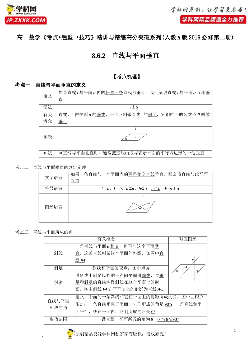 8.6.2 直线与平面垂直-2021-2022学年高一数学《考点•题型•技巧》精讲与精练高分突破（人教A版2019必修第二册）.doc_第1页