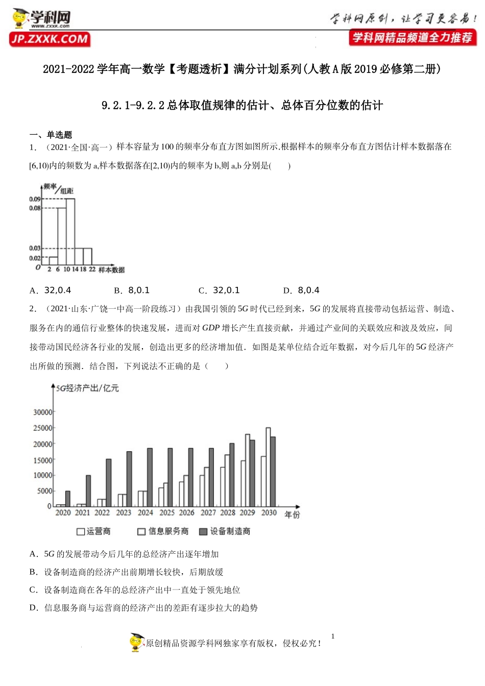 9.2.1-9.2.2 总体取值规律的估计、总体百分位数的估计(析训练）-2021-2022学年高一数学【考题透析】满分计划系列(人教A版2019必修第二册).docx_第1页