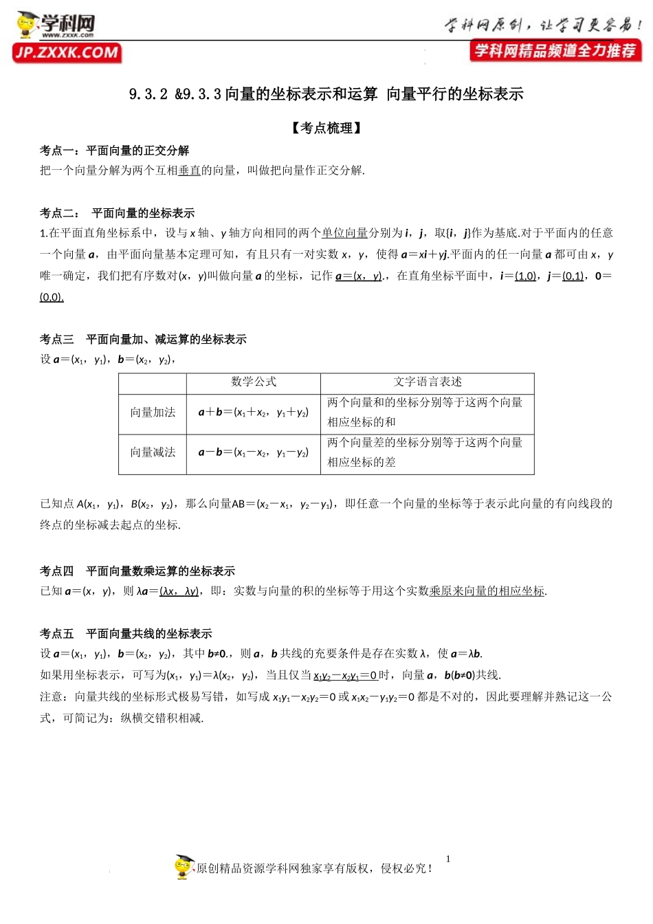 9.3.2-9.3.3 向量的坐标表示和运算 向量平行的坐标表示-2022-2023学年高一数学《考点•题型•技巧》精讲与精练高分突破系列（苏教版2019必修第二册）.docx_第1页