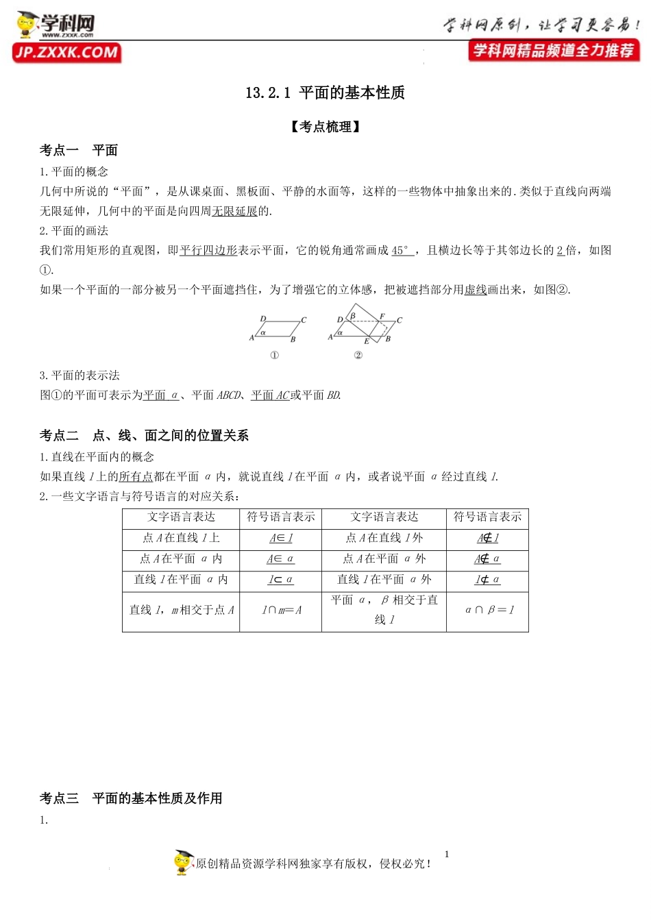 13.2.1 平面的基本性质-2021-2022学年高一数学《重点•难点•热点》精讲与精练分层突破（苏教版2019必修第二册）.docx_第1页