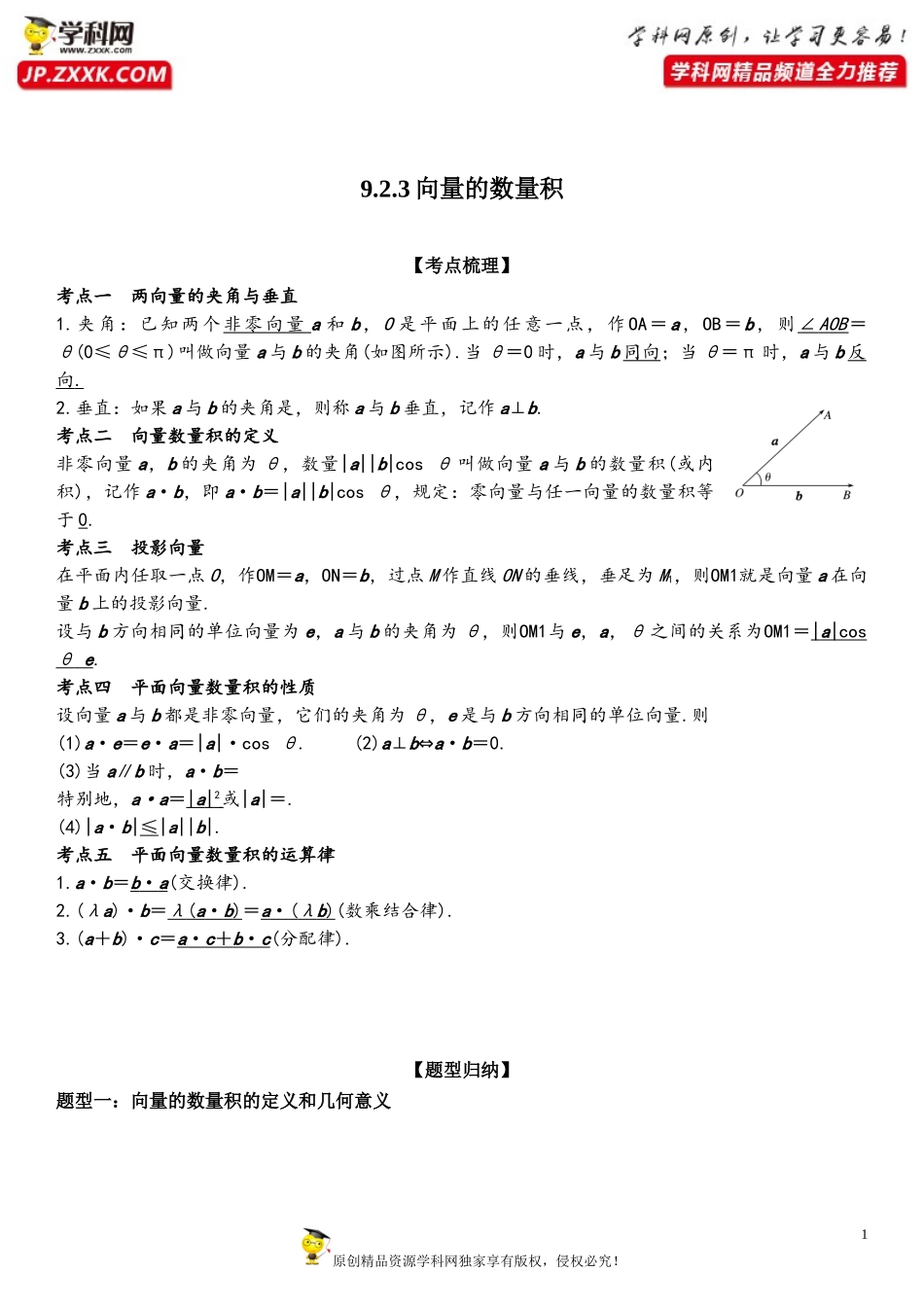 9.2.3 向量的数量积-2022-2023学年高一数学《考点•题型•技巧》精讲与精练高分突破系列（苏教版2019必修第二册）.doc_第1页