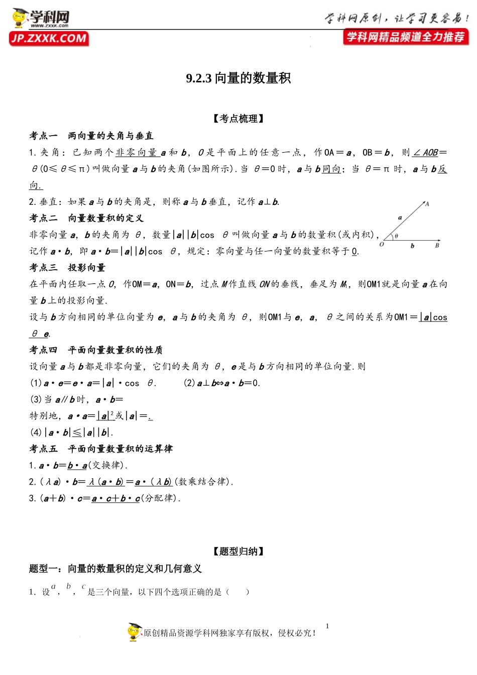 9.2.3 向量的数量积-2021-2022学年高一数学《重点•难点•热点》精讲与精练分层突破（苏教版2019必修第二册）.docx_第1页
