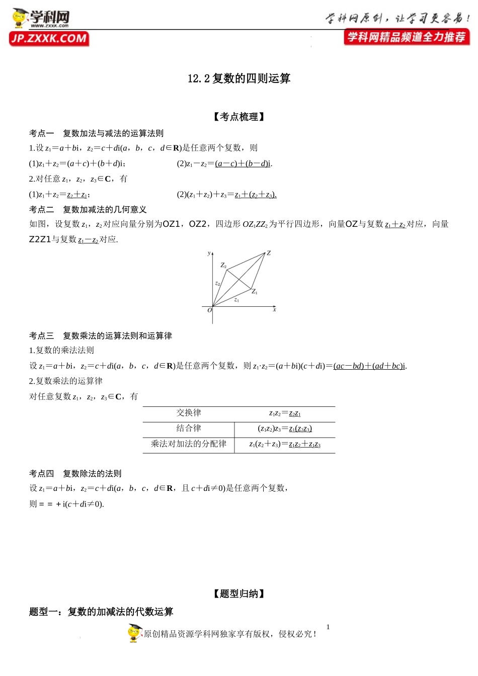 12.2 复数的四则运算-2021-2022学年高一数学《重点•难点•热点》精讲与精练分层突破（苏教版2019必修第二册）.docx_第1页