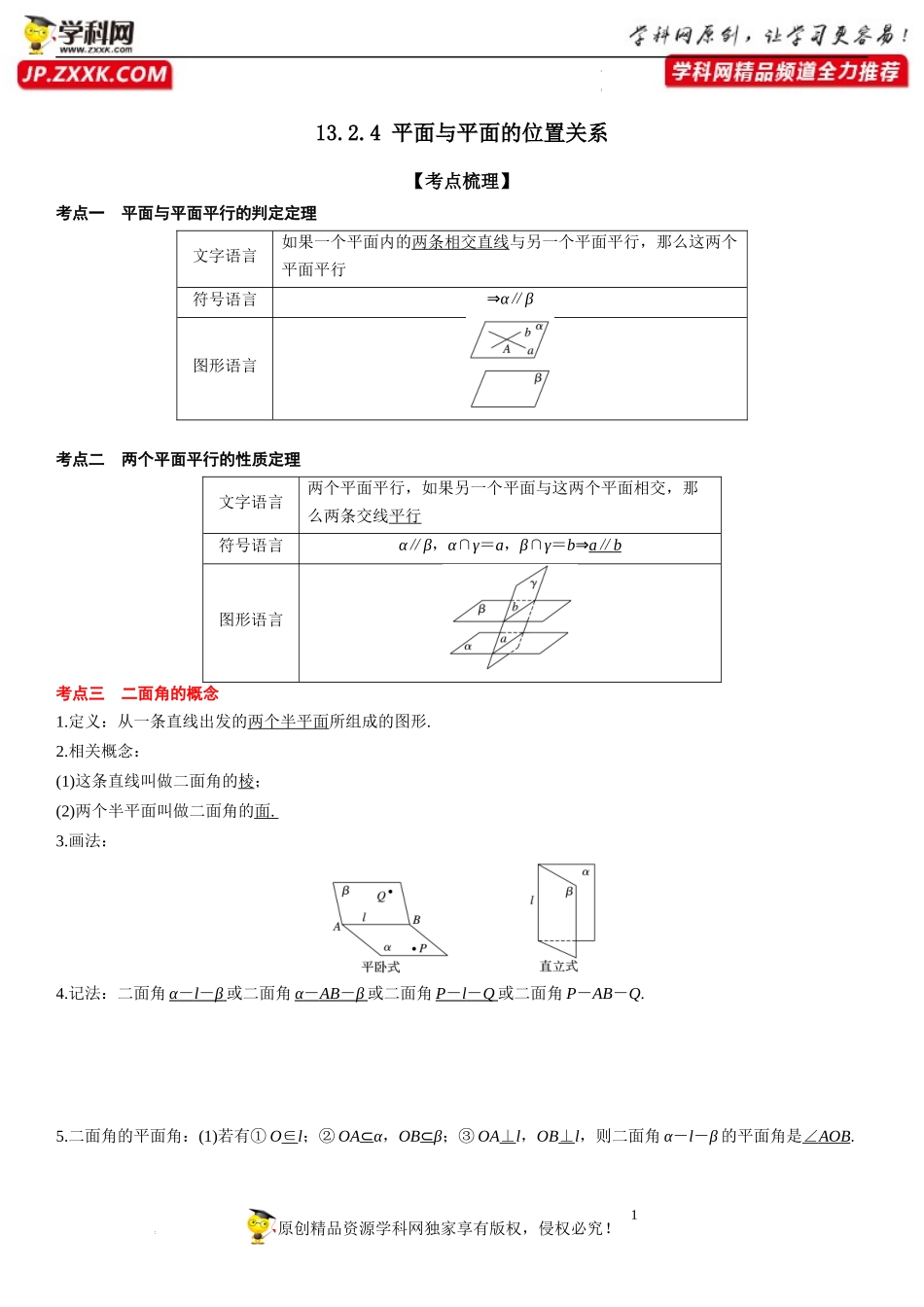 13.2.4 平面与平面的位置关系-2021-2022学年高一数学《重点•难点•热点》精讲与精练分层突破（苏教版2019必修第二册）.docx_第1页