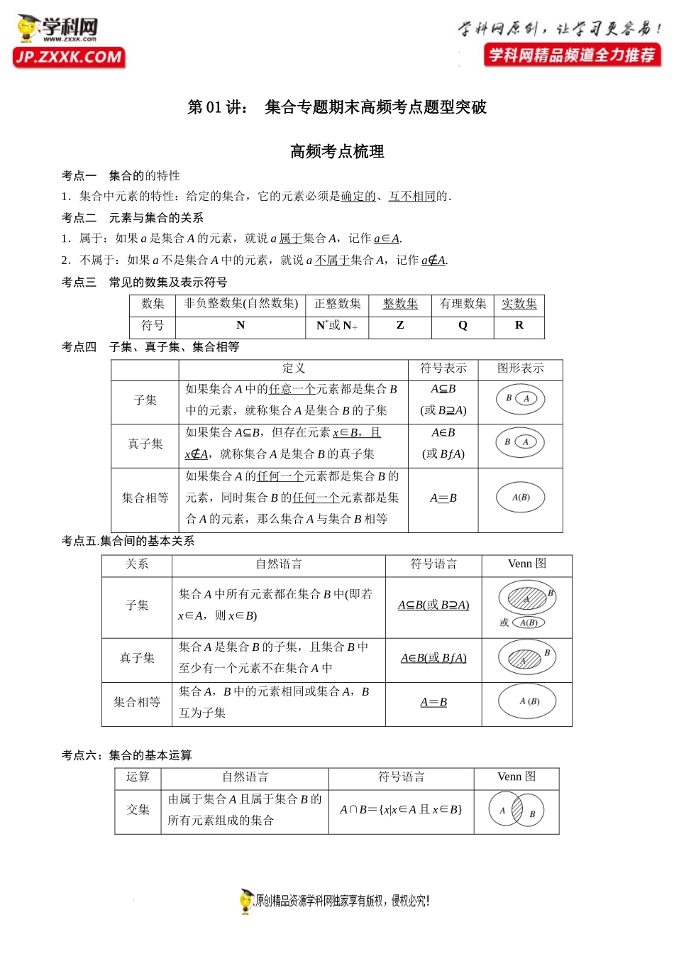 第01讲 集合专题期末高频考点题型突破-2021-2022学年高一数学上学期《考点•题型•难点》期末高效复习（人教A版2019必修第一册）.docx_第1页
