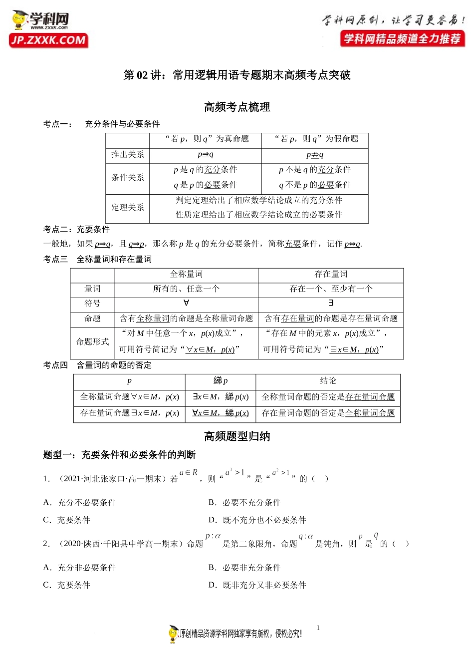 第02讲 常用逻辑用语专题期末高频考点突破-2021-2022学年高一数学上学期《考点•题型•难点》期末高效复习（人教A版2019必修第一册）.docx_第1页