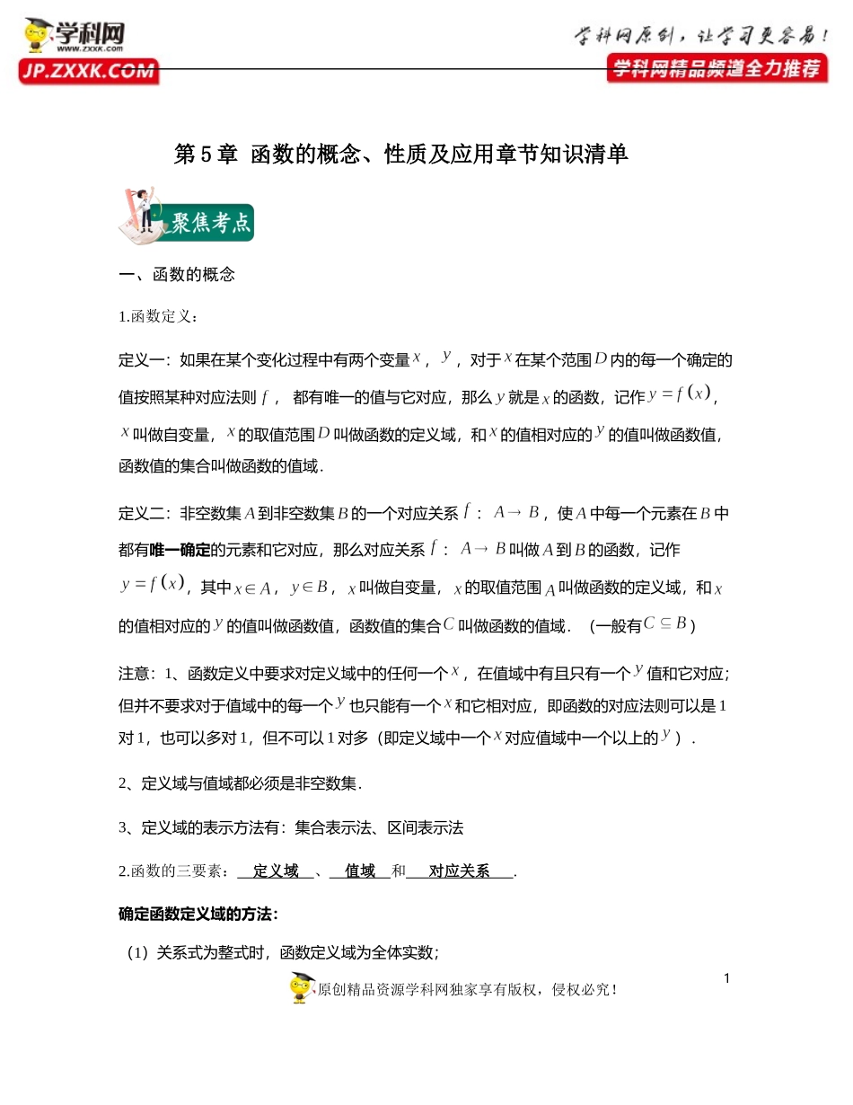 第5章 函数的概念、性质及应用章节知识清单-2020-2021学年高一数学期末复习通关秘笈（沪教版2020必修一）.docx_第1页