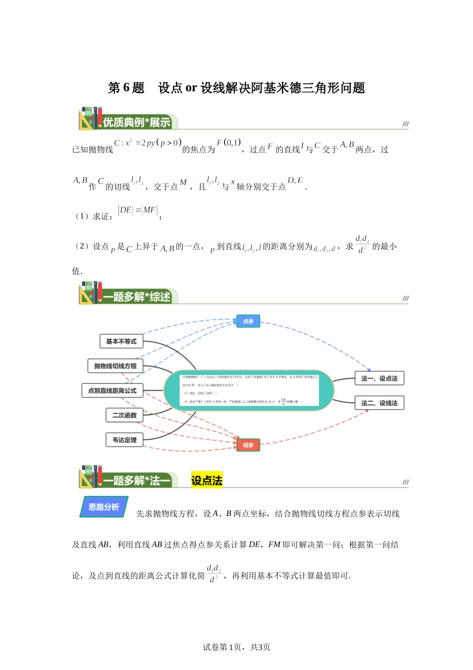 第6题设点or设线解决阿基米德三角形问题 讲义——2024届高三数学三轮复习之一题多解.docx_第1页