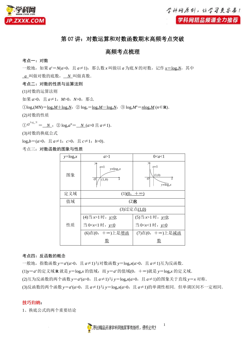 第07讲 对数运算和对数函数期末高频考点突破-2021-2022学年高一数学上学期《考点•题型•难点》期末高效复习（人教A版2019必修第一册）.docx_第1页