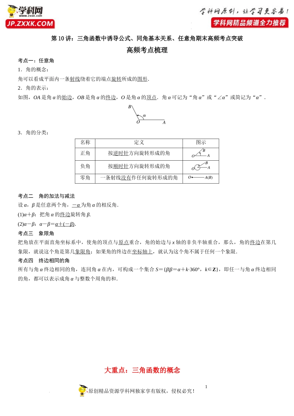 第10讲 三角函数中诱导公式、同角基本关系、任意角期末高频考点突破-2022-2023学年高一数学上学期《考点·题型·难点》期末高效复习（人教A版2019必修第一册）.docx_第1页