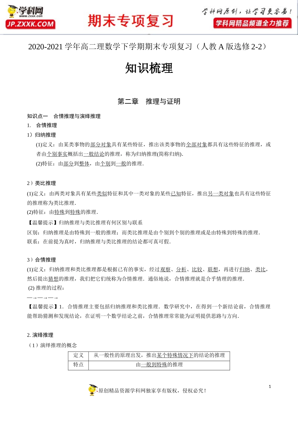 第二章 推理与证明【知识梳理】-2020-2021学年高二数学（理）下学期期末专项复习（人教A版选修2-2）.docx_第1页