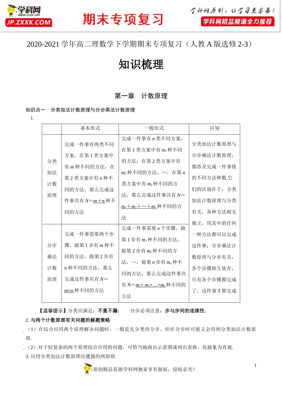 第一章 计数原理【知识梳理】-2020-2021学年高二数学（理）下学期期末专项复习（人教A版选修2-3）.docx_第1页