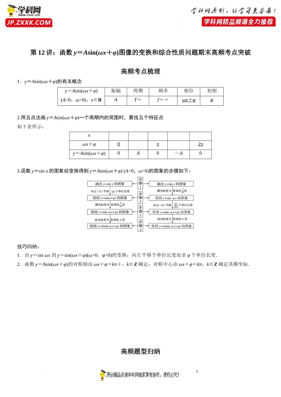 第12讲 函数y＝Asin(ωx＋φ)图像的变换和综合性质问题期末高频考点突破-2022-2023学年高一数学上学期《考点·题型·难点》期末高效复习（人教A版2019必修第一册）.docx_第1页