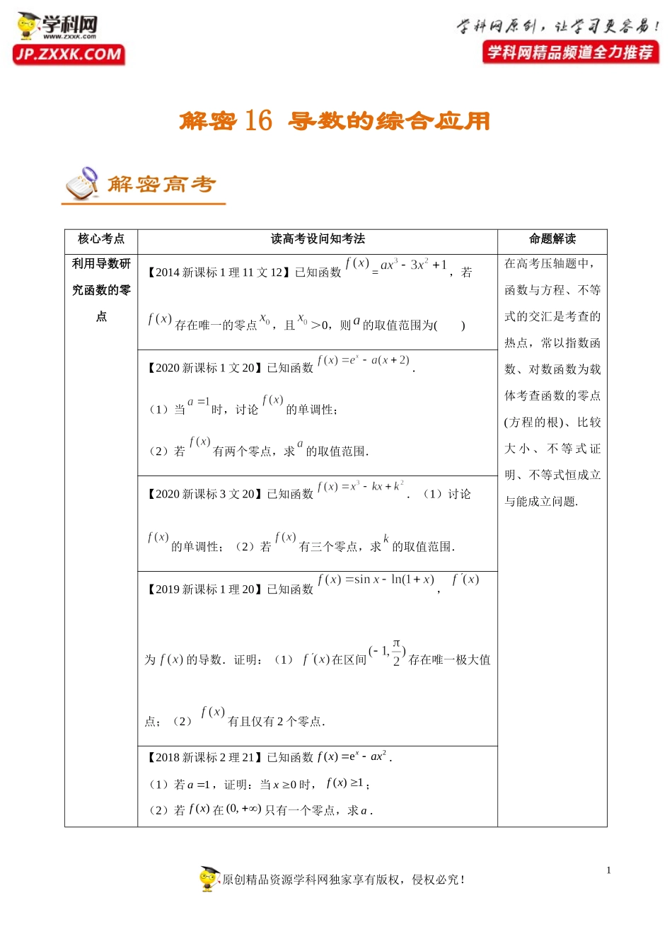 解密16 导数的综合应用 （讲义）-【高频考点解密】2021年新高考数学二轮复习讲义+分层训练.doc_第1页