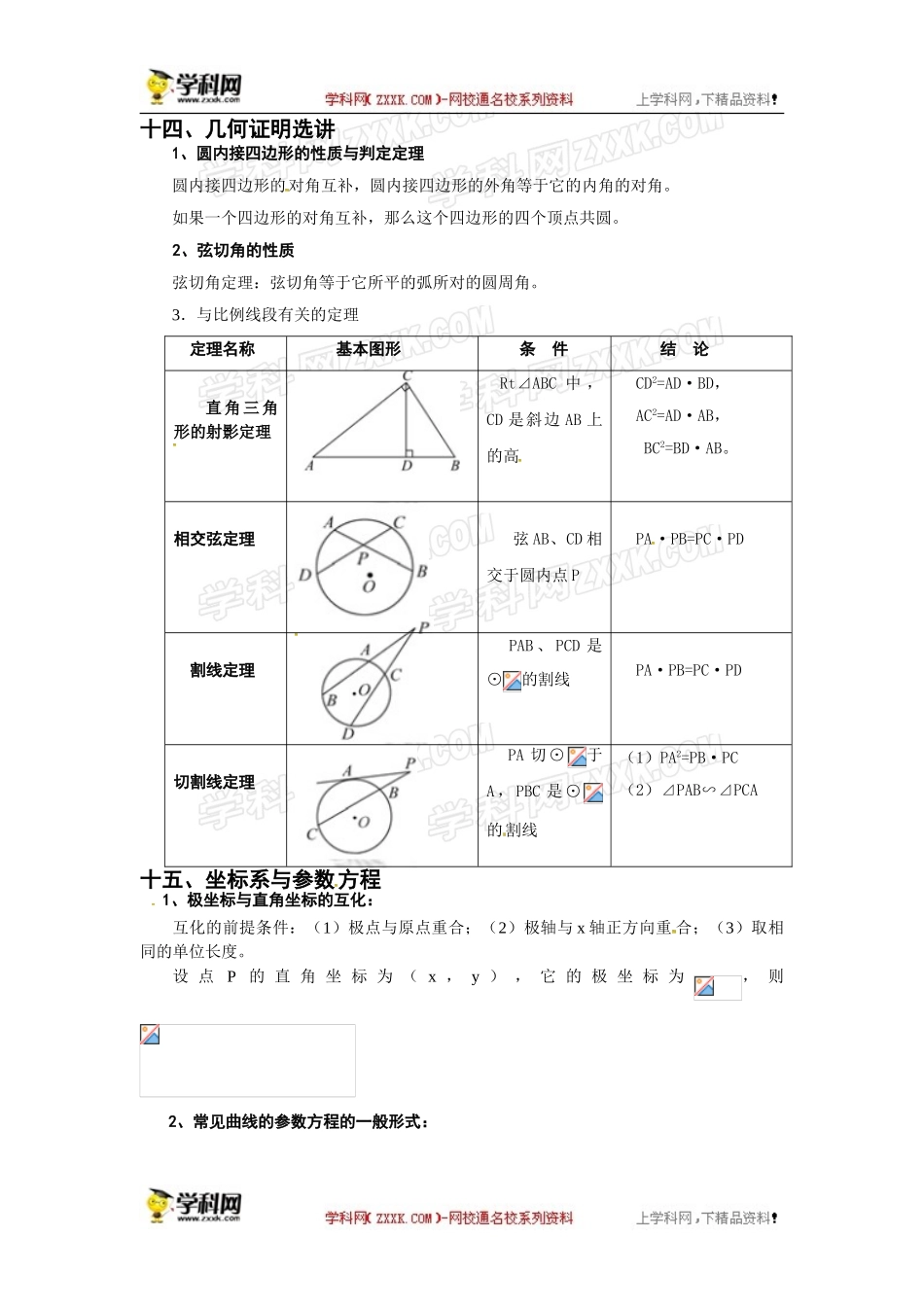 四川省阆中中学高考数学复习练习：高中数学知识点回顾--十四、几何证明选讲+十五、坐标系与参数方程+十六、单峰函数和优选法（无答案）.doc_第1页