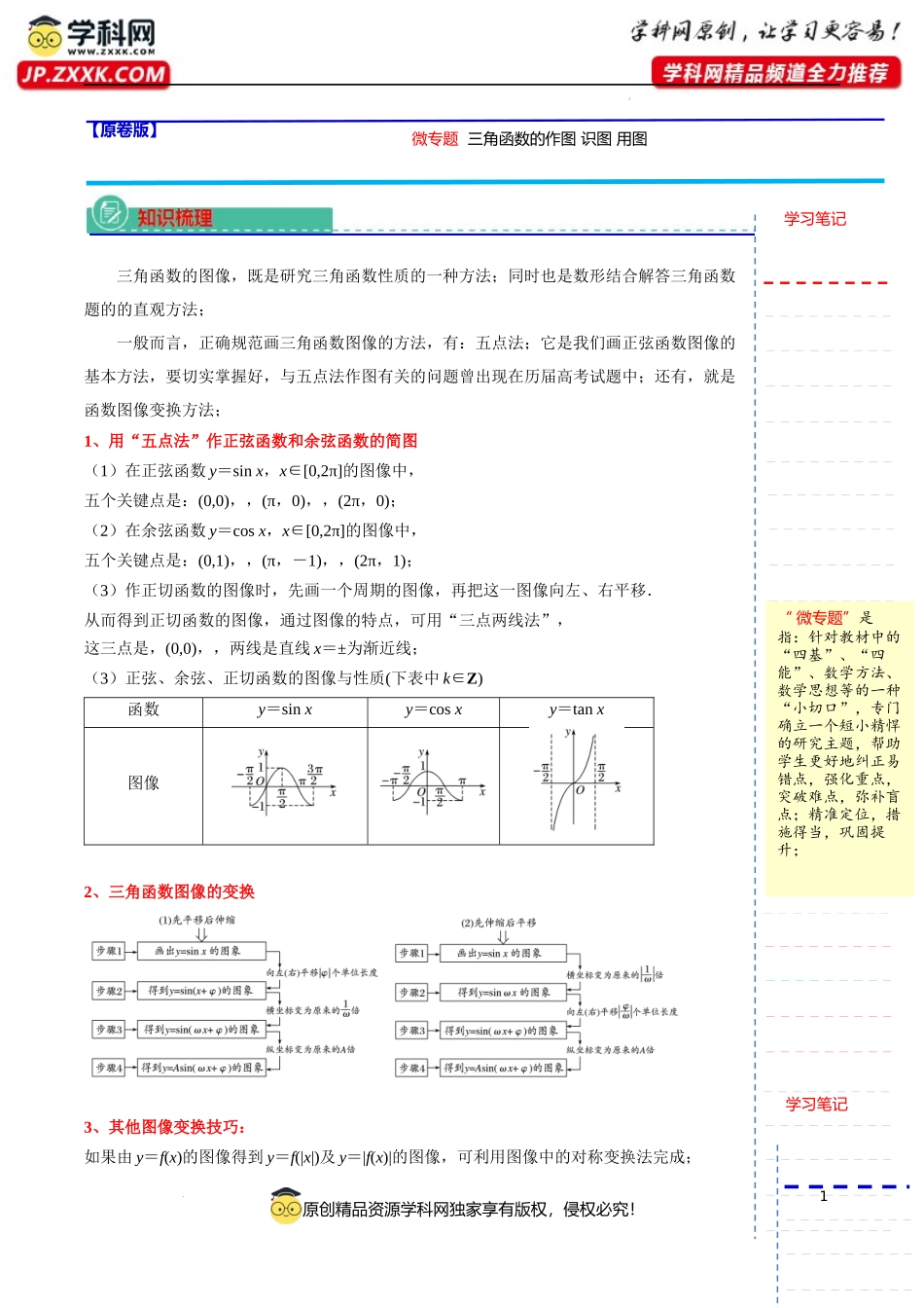 微专题07三角函数的作图 识图 用图讲义-2023-2024学年高一下学期数学沪教版（2020）必修第二册.docx_第1页