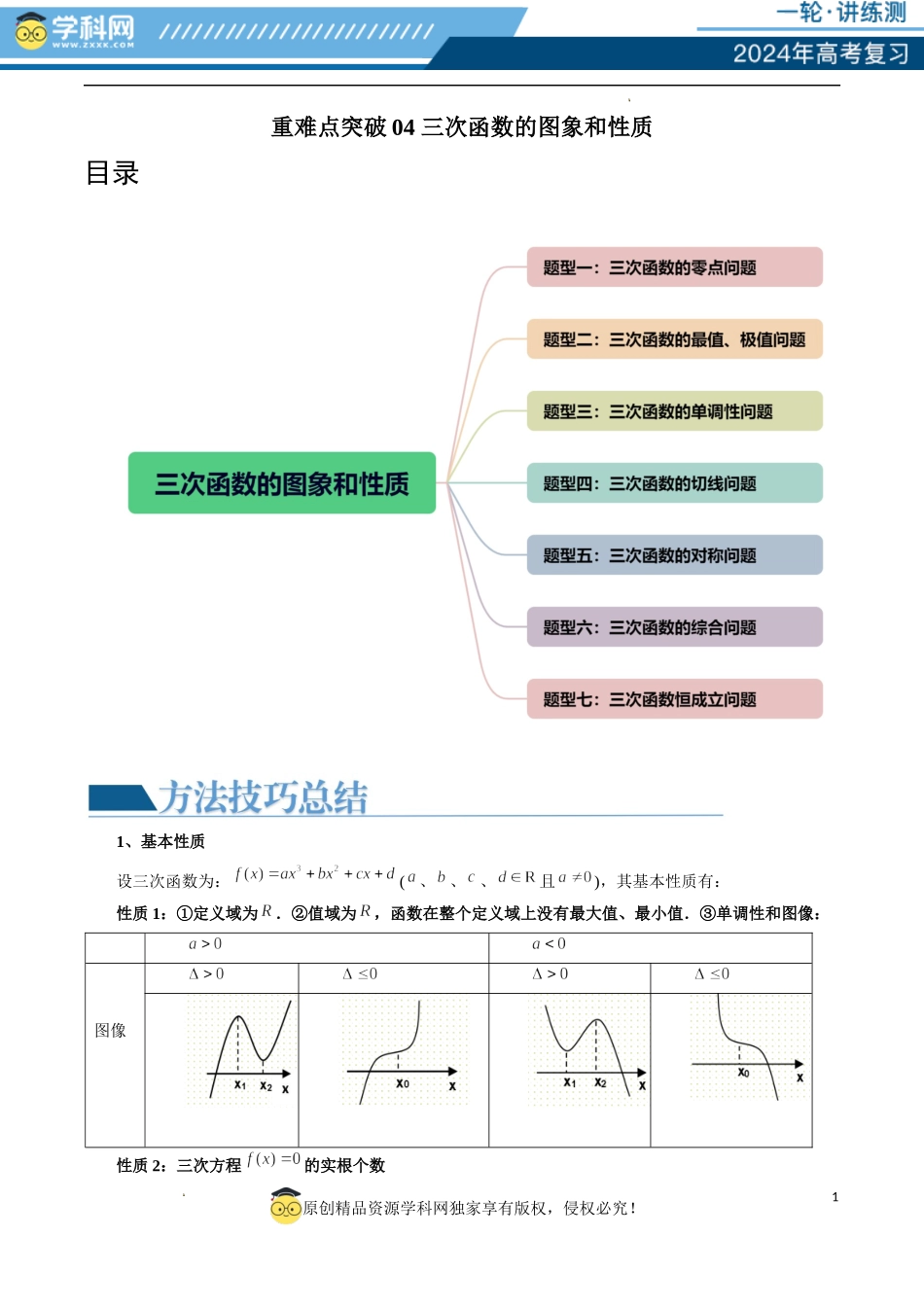 重难点突破04 三次函数的图象和性质 （七大题型）（原卷版）.docx_第1页